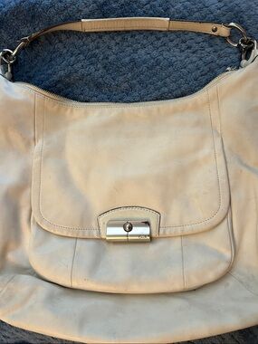 Coach Cream Leather Shoulder Hobo with Silver-Tone Turn Lock